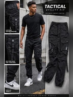Black Tactical Cargo Pants Multi Pocket Streetwear Utility Joggers|Strap Detail